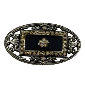 Vintage Catherine Popesco France Black Enamel Swarovski Crystal Brooch